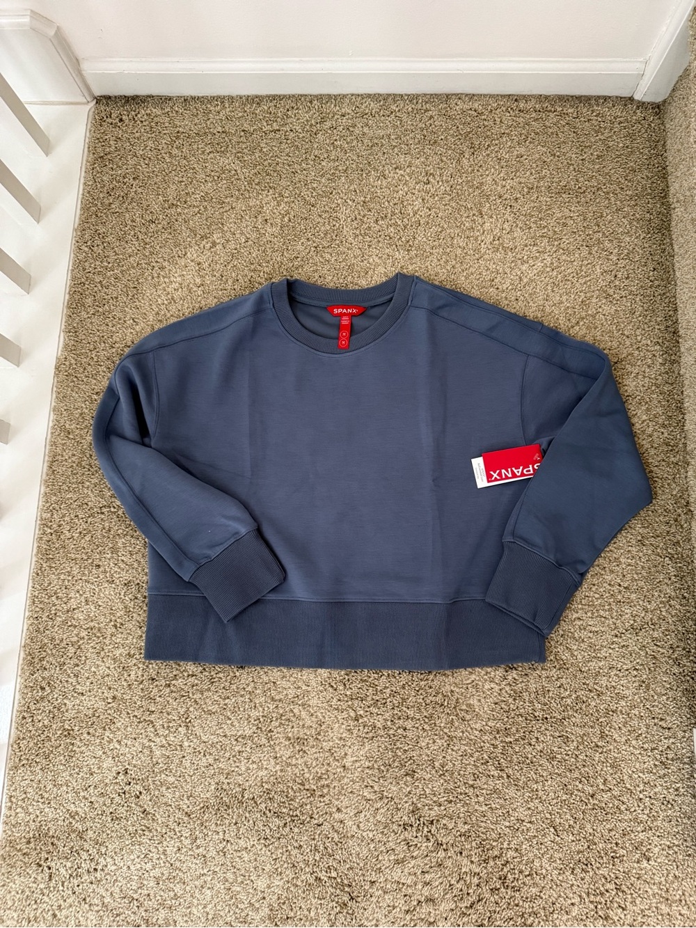NWT Spanx Air Essentials Luxe Crop Crewneck Sweatshirt Size M Blue